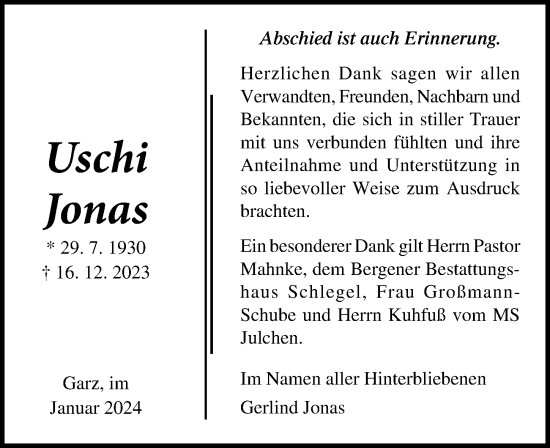 Traueranzeige von Uschi Jonas von Ostsee-Zeitung GmbH