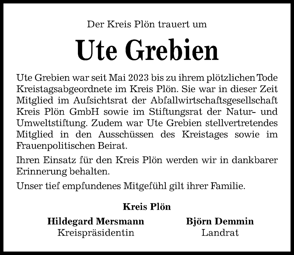  Traueranzeige für Ute Grebien vom 02.01.2024 aus Kieler Nachrichten