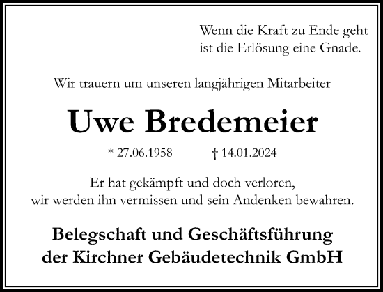 Traueranzeige von Uwe Bredemeier von Schaumburger Nachrichten und Schaumburger Zeitung/ Landes-Zeitung
