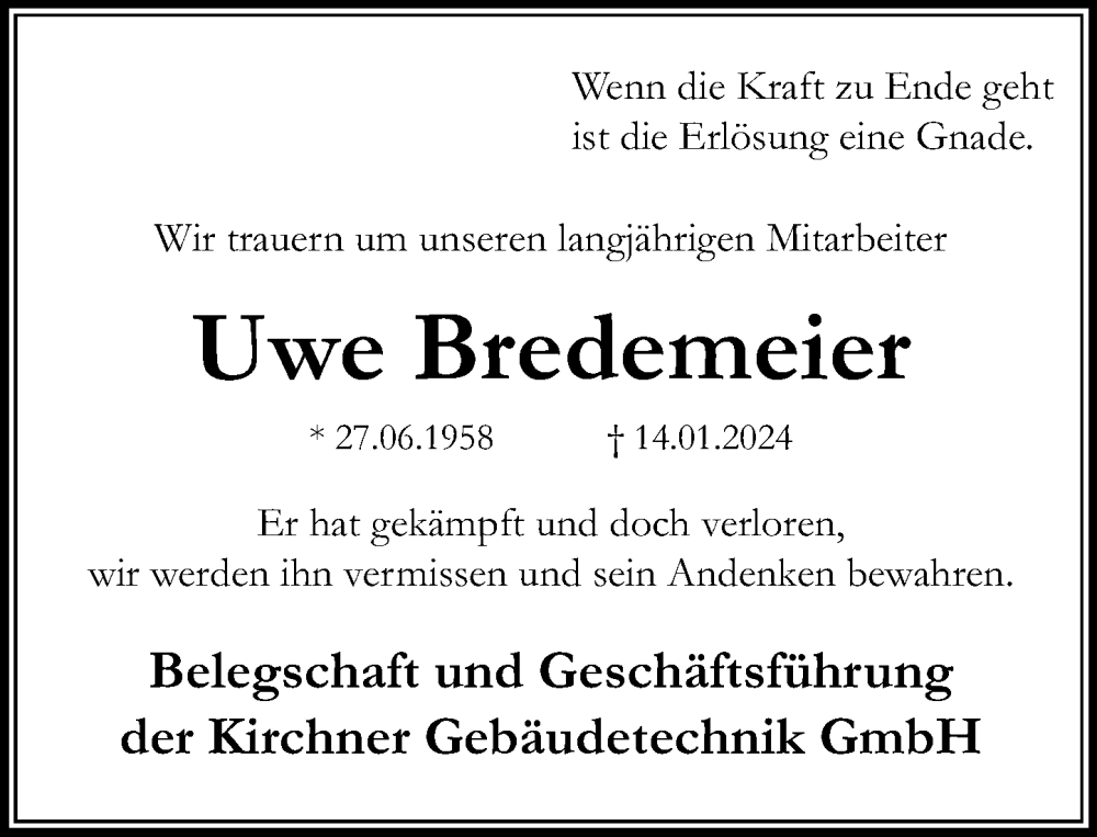  Traueranzeige für Uwe Bredemeier vom 20.01.2024 aus Schaumburger Nachrichten und Schaumburger Zeitung/ Landes-Zeitung