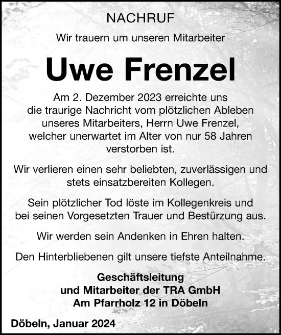 Traueranzeige von Uwe Frenzel von Leipziger Volkszeitung
