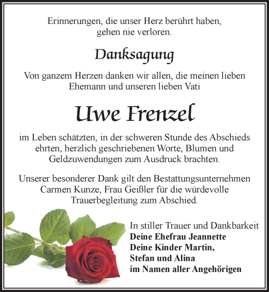 Traueranzeige von Uwe Frenzel von Leipziger Volkszeitung