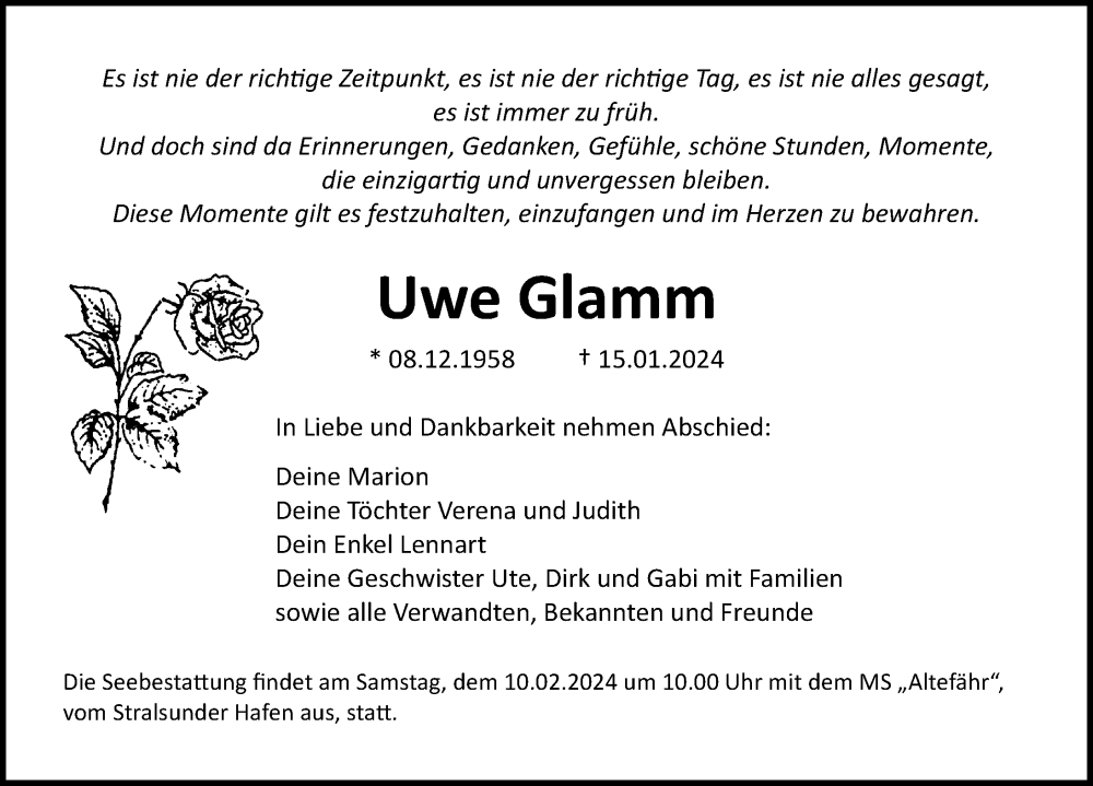  Traueranzeige für Uwe Glamm vom 20.01.2024 aus Ostsee-Zeitung GmbH