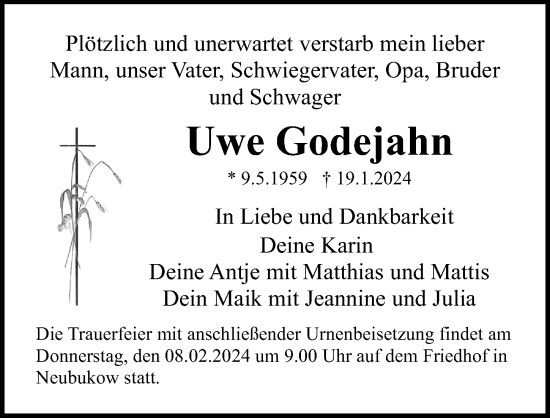 Traueranzeige von Uwe Godejahn von Ostsee-Zeitung GmbH