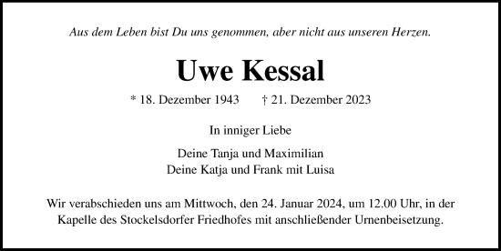 Traueranzeige von Uwe Kessal von Lübecker Nachrichten