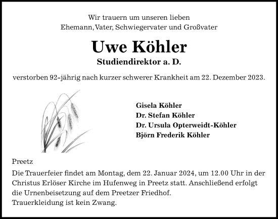 Traueranzeige von Uwe Köhler von Kieler Nachrichten