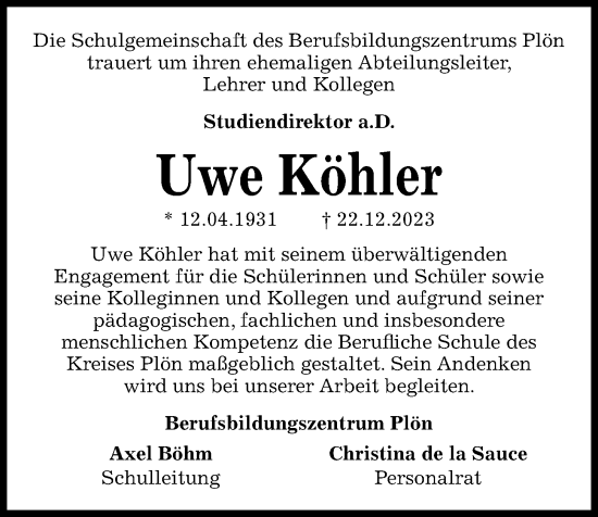 Traueranzeige von Uwe Köhler von Kieler Nachrichten