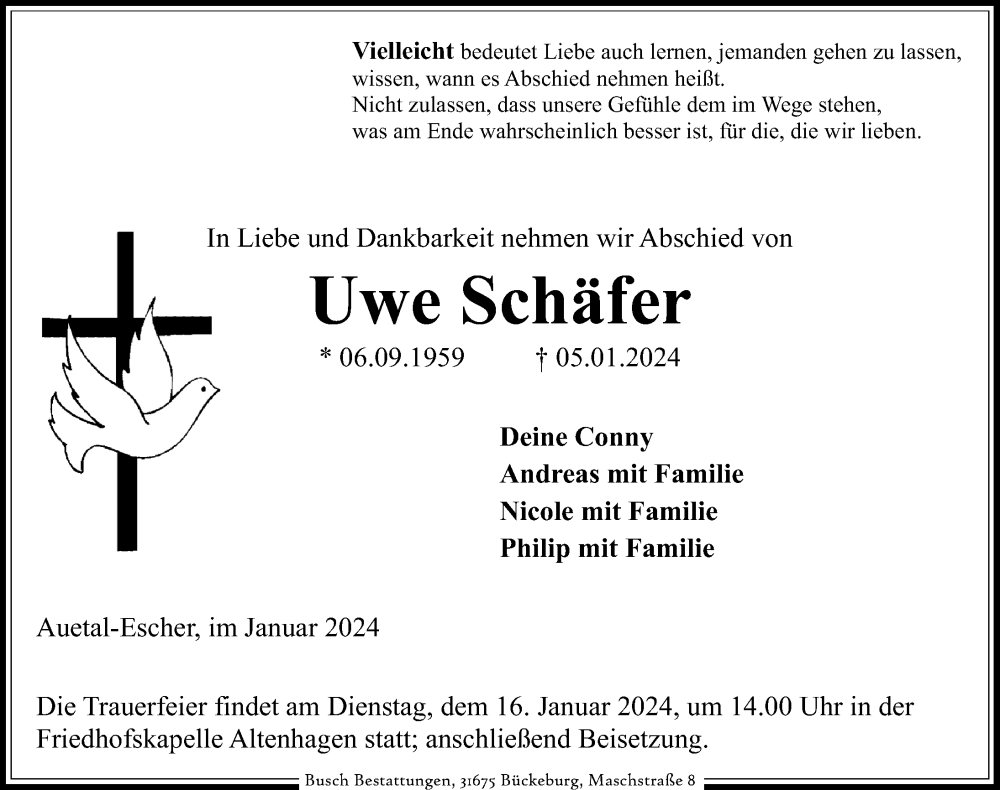  Traueranzeige für Uwe Schäfer vom 10.01.2024 aus Schaumburger Nachrichten