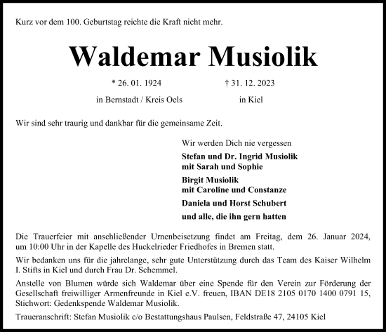 Traueranzeige von Waldemar Musiolik von Kieler Nachrichten