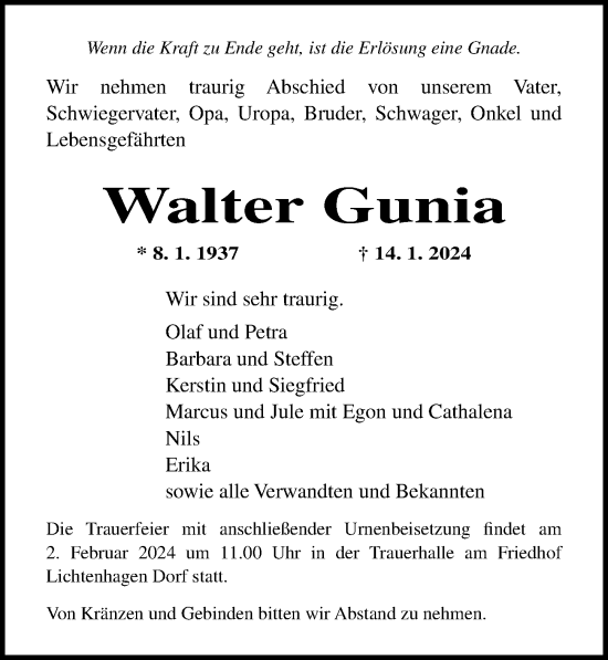 Traueranzeige von Walter Gunia von Ostsee-Zeitung GmbH