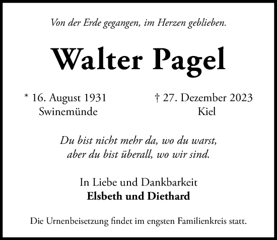 Traueranzeige von Walter Pagel von Kieler Nachrichten