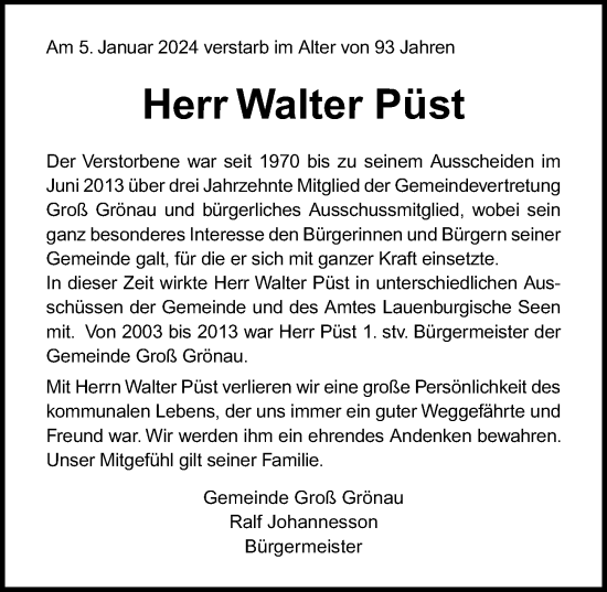 Traueranzeige von Walter Püst von Lübecker Nachrichten