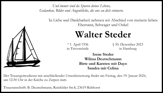 Traueranzeige von Walter Steder von Lübecker Nachrichten