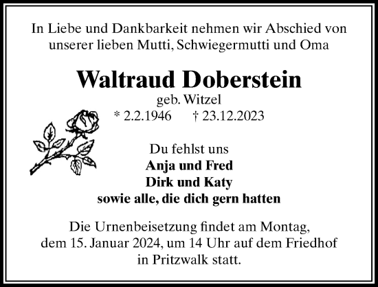 Traueranzeige von Waltraud Doberstein von Wochenspiegel