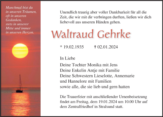 Traueranzeige von Waltraud Gehrke