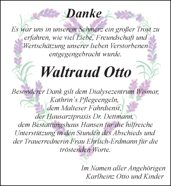 Traueranzeige von Waltraud Otto von Ostsee-Zeitung GmbH