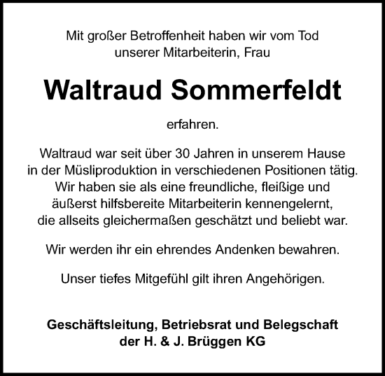 Traueranzeige von Waltraud Sommerfeldt von Lübecker Nachrichten