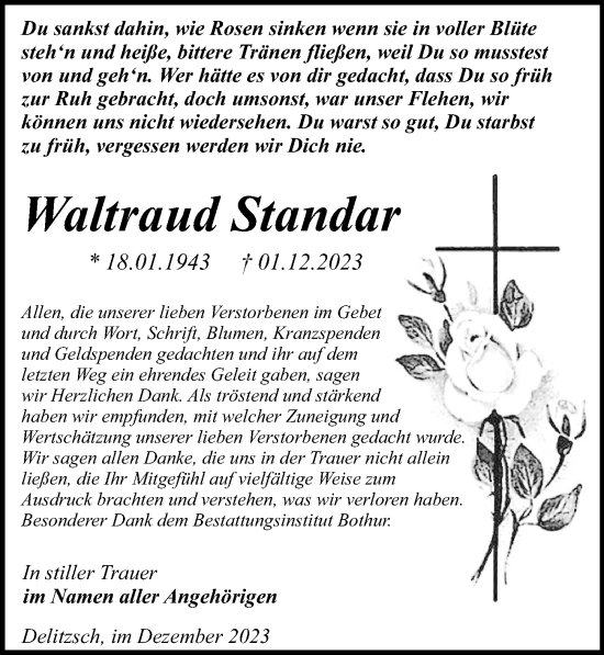 Traueranzeige von Waltraud Standar von Leipziger Volkszeitung