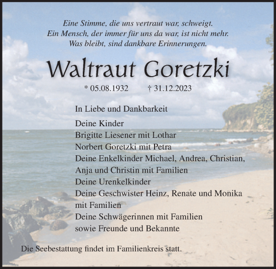 Traueranzeige von Waltraut Goretzki von Ostsee-Zeitung GmbH