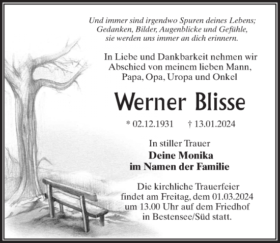 Traueranzeige von Werner Blisse von Märkischen Allgemeine Zeitung