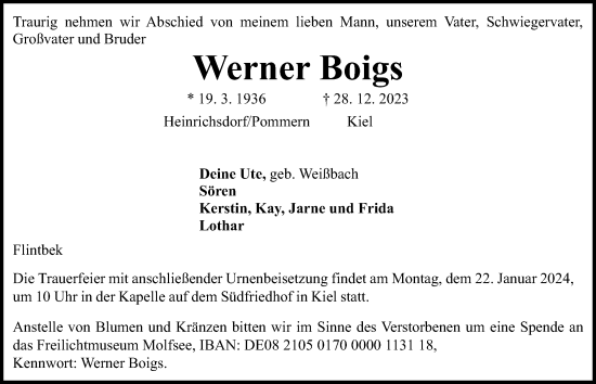 Traueranzeige von Werner Boigs von Kieler Nachrichten