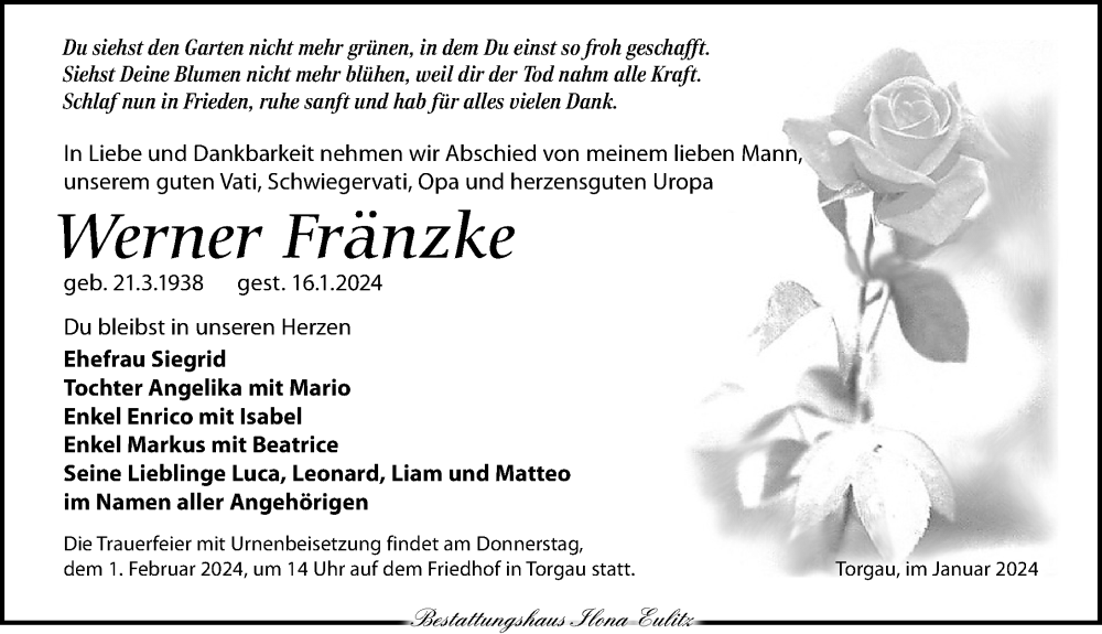  Traueranzeige für Werner Fränzke vom 27.01.2024 aus Torgauer Zeitung