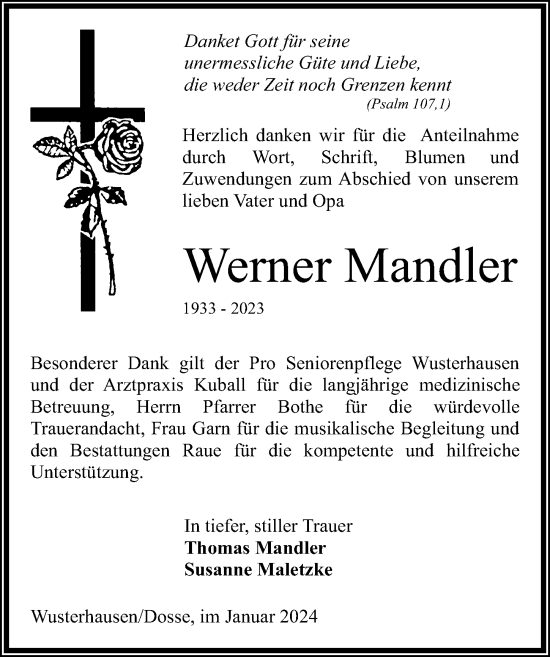 Traueranzeige von Werner Mandler