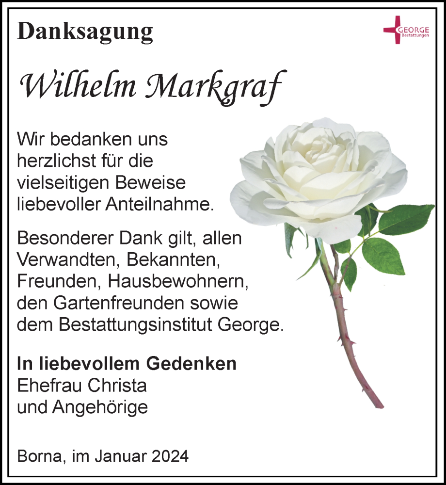  Traueranzeige für Wilhelm Markgraf vom 13.01.2024 aus Leipziger Volkszeitung