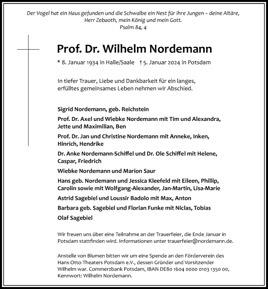 Traueranzeige von Wilhelm Nordemann von Märkischen Allgemeine Zeitung