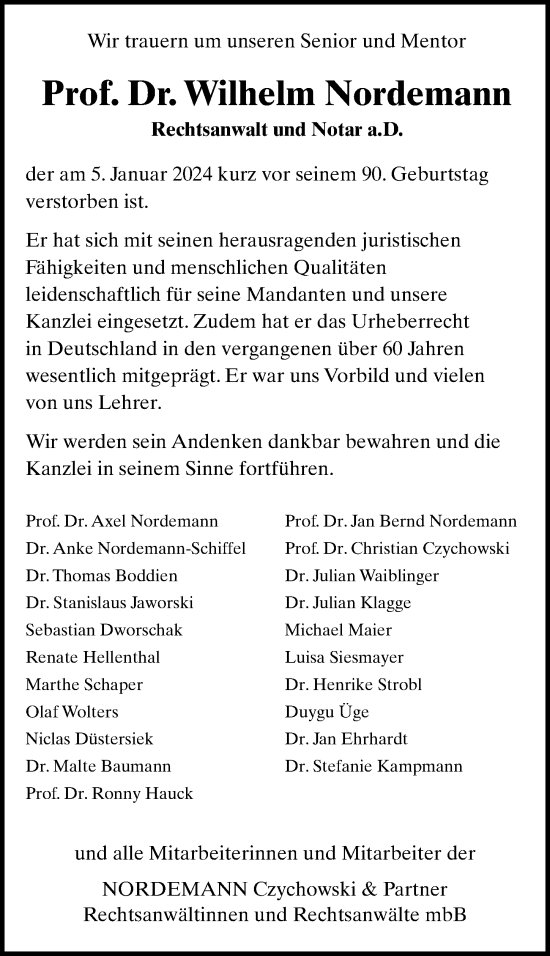 Traueranzeige von Wilhelm Nordemann von Märkischen Allgemeine Zeitung