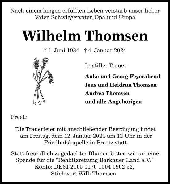 Traueranzeige von Wilhelm Thomsen von Kieler Nachrichten