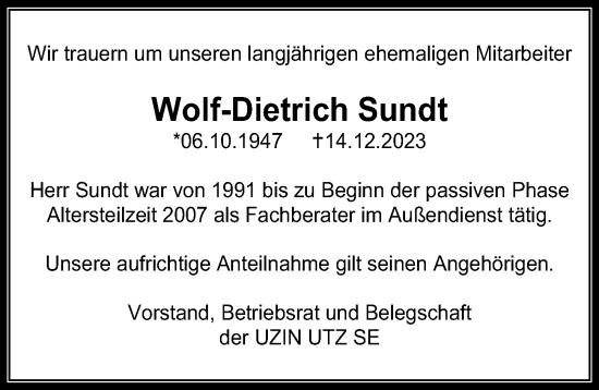 Traueranzeige von Wolf-Dietrich Sundt von Ostsee-Zeitung GmbH