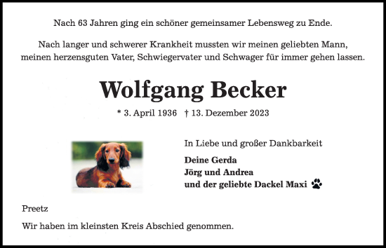 Traueranzeige von Wolfgang Becker von Kieler Nachrichten