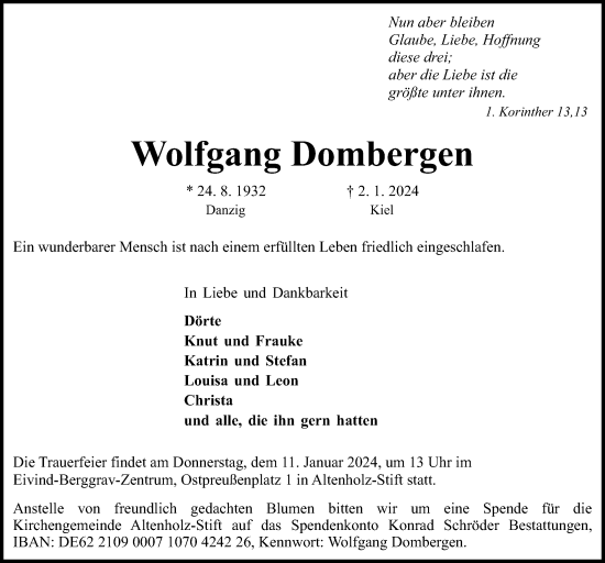 Traueranzeige von Wolfgang Dombergen von Kieler Nachrichten