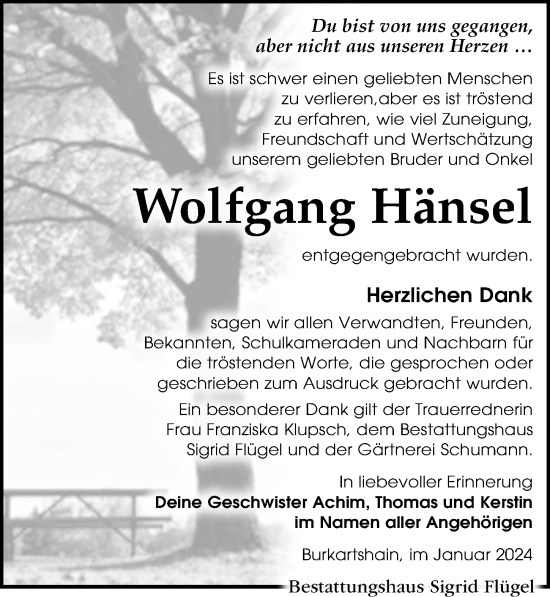 Traueranzeige von Wolfgang Hänsel von Leipziger Volkszeitung