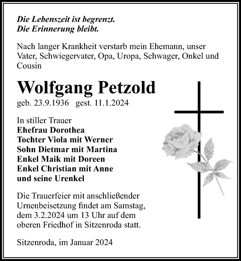  Traueranzeige für Wolfgang Petzold vom 27.01.2024 aus Torgauer Zeitung