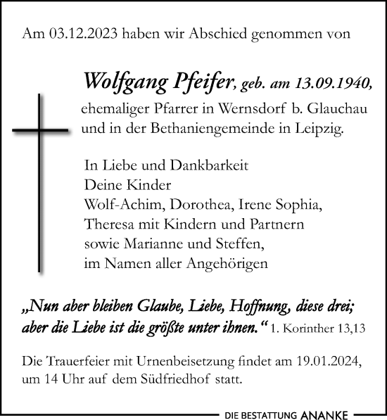 Traueranzeige von Wolfgang Pfeifer von Leipziger Volkszeitung