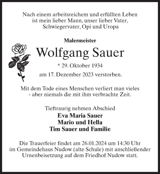Traueranzeige von Wolfgang Sauer von Märkischen Allgemeine Zeitung