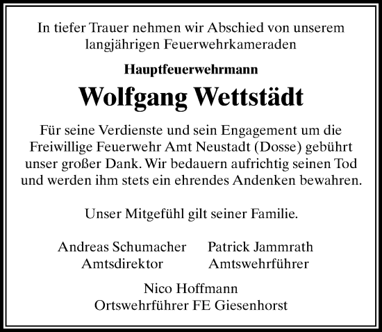 Traueranzeige von Wolfgang Wettstädt von Wochenspiegel