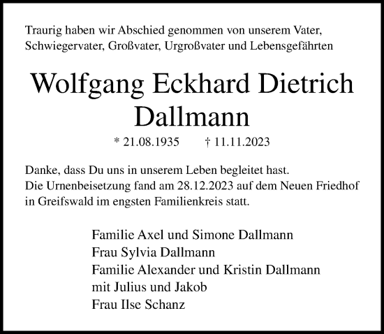 Traueranzeige von Wolfgang Eckhard Dietrich Dallmann von Ostsee-Zeitung GmbH