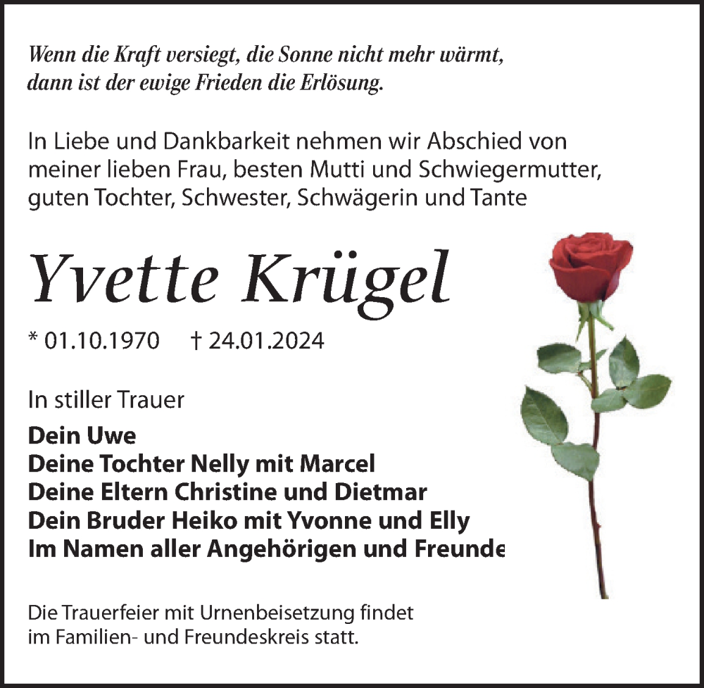  Traueranzeige für Yvette Krügel vom 27.01.2024 aus Leipziger Volkszeitung