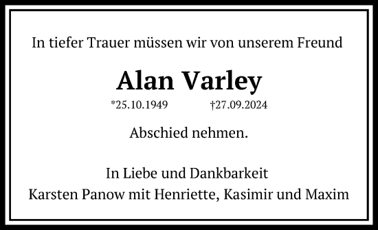 Traueranzeige von Alan Varley von Lübecker Nachrichten