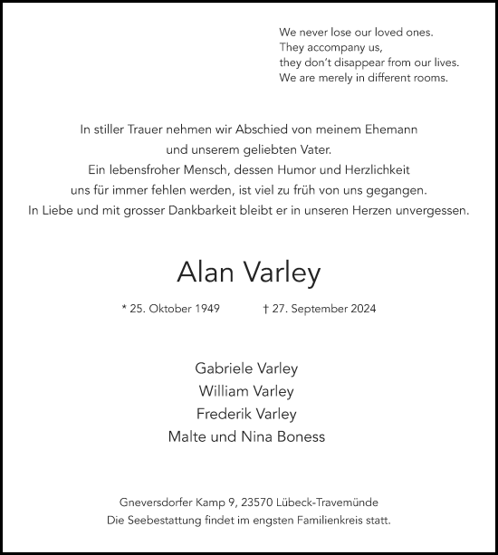 Traueranzeige von Alan Varley von Lübecker Nachrichten