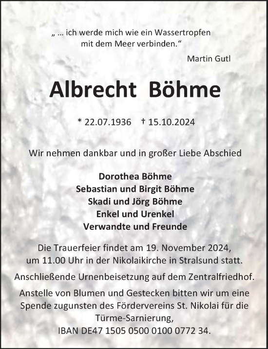 Traueranzeige von Albrecht Böhme von Ostsee-Zeitung GmbH