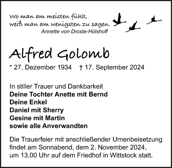 Traueranzeige von Alfred Golomb von Wochenspiegel