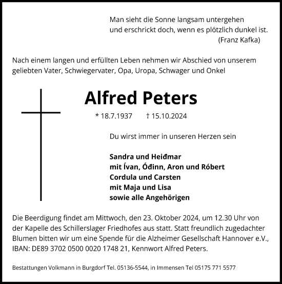 Traueranzeige von Alfred Peters von Hannoversche Allgemeine Zeitung/Neue Presse