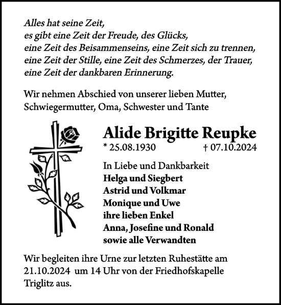 Traueranzeige von Alide Brigitte Reupke von Wochenspiegel