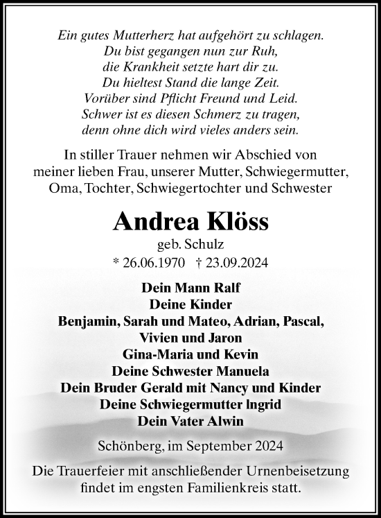 Traueranzeige von Andrea Klöss von Wochenspiegel