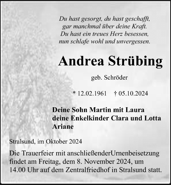 Traueranzeige von Andrea Strübing von Ostsee-Zeitung GmbH