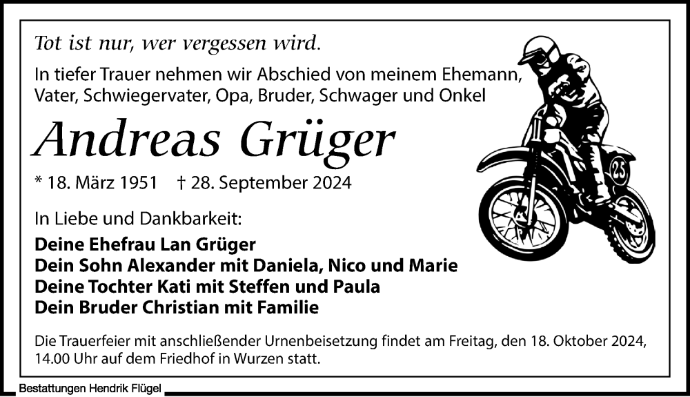  Traueranzeige für Andreas Grüger vom 12.10.2024 aus Leipziger Volkszeitung